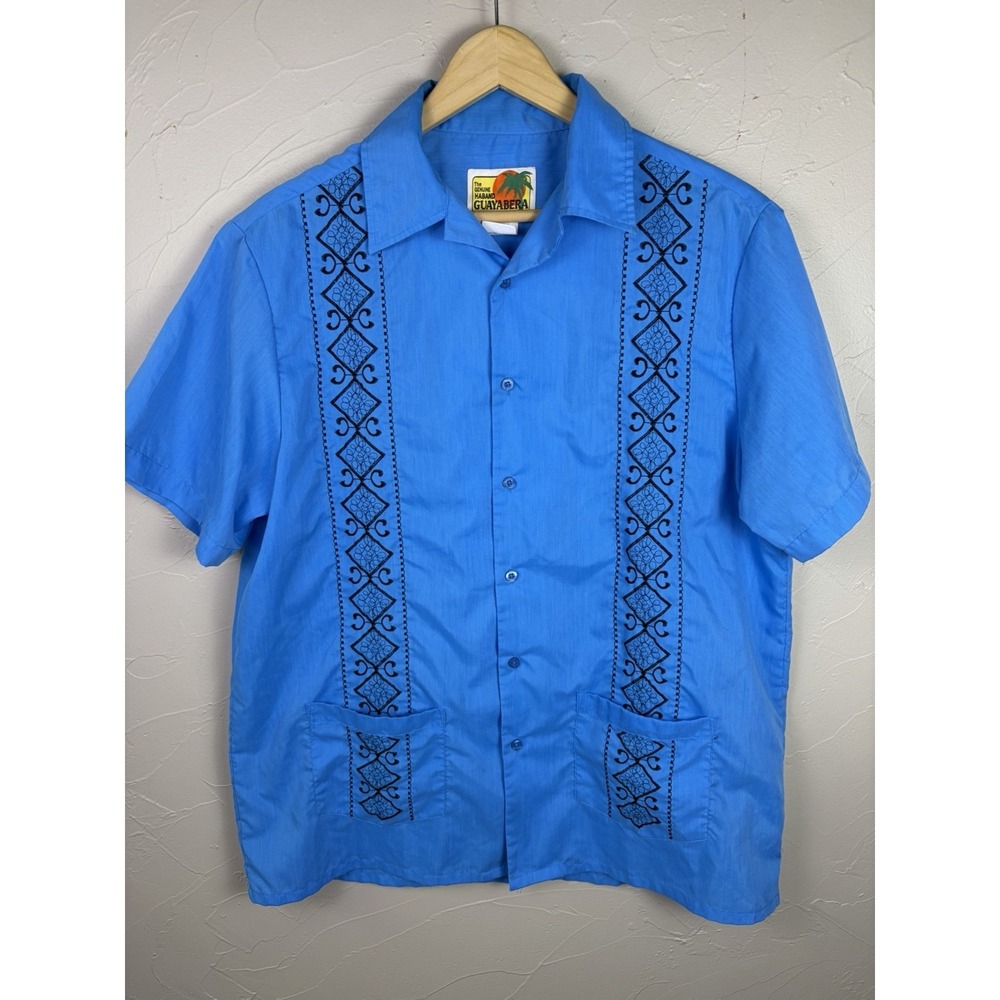 The Genuine Haband Guayabera Blue Mens Medium Cuban Shirt short sleeve Button Up - Picture 6 of 10